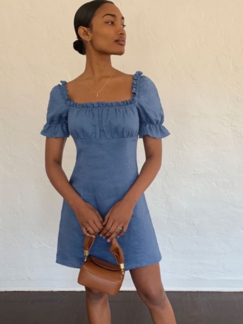 Reformation Robles Linen Mini Puff Sleeve Dress Azul Denim Blue NWT Sz 8 $198